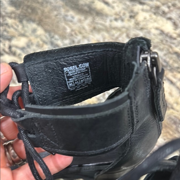 Sorel Black Joanie Leather Ankle Tie Wedge Sandals - Picture 2 of 5